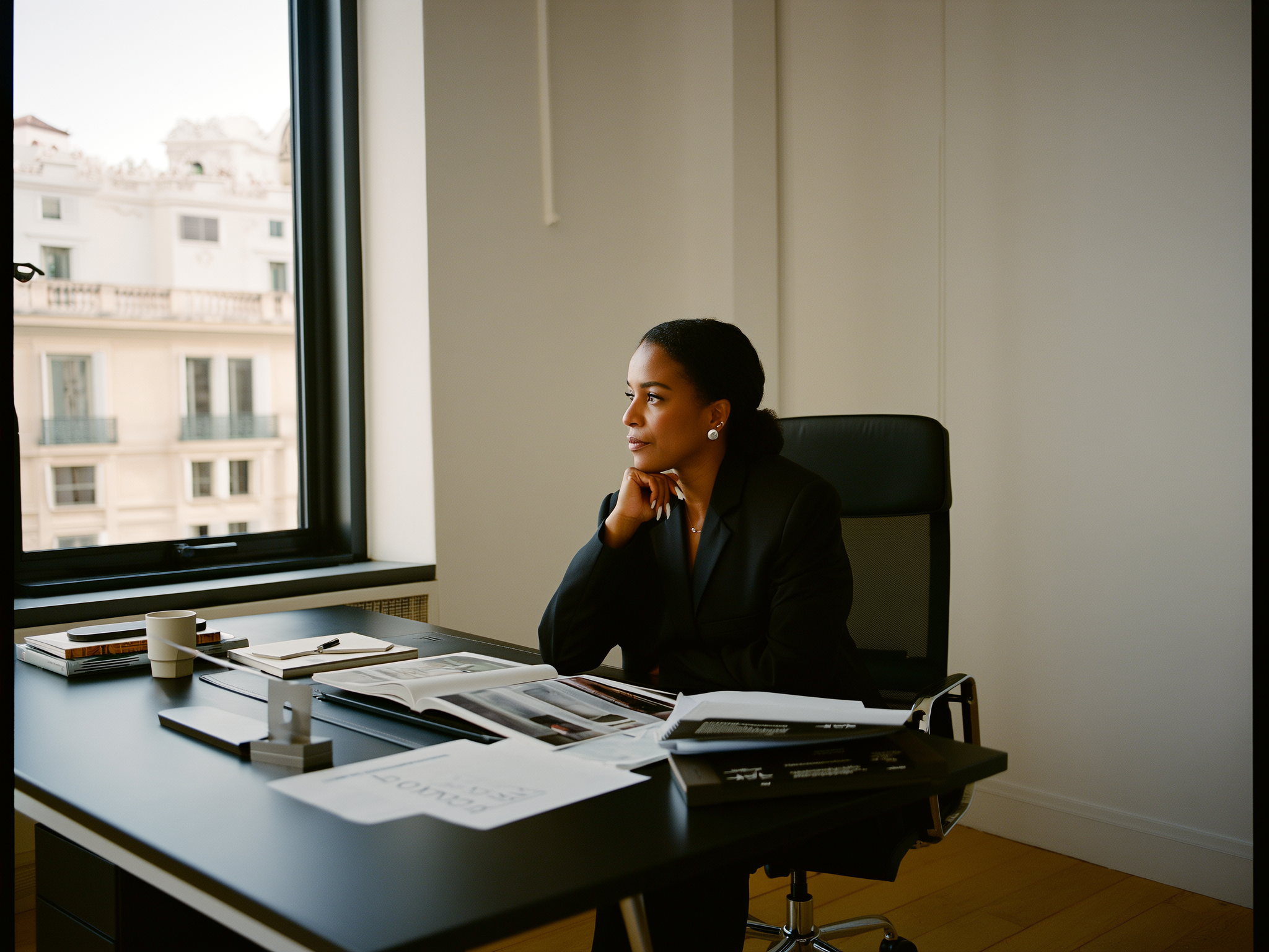 Mujer profesional mirando por ventana de oficina con expresión pensativa y determinada