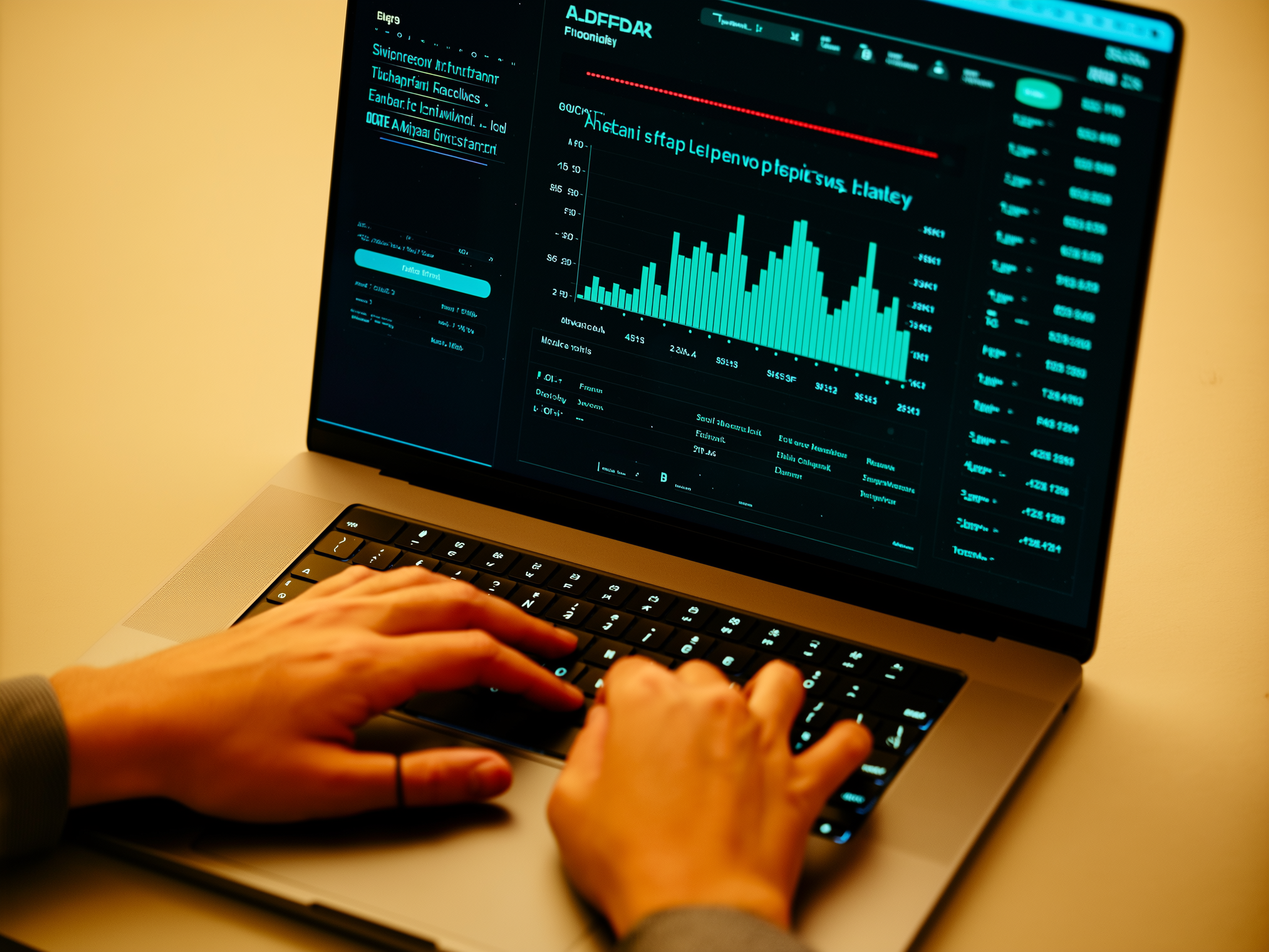 Manos de mujer trabajando en ordenador con gráficos financieros