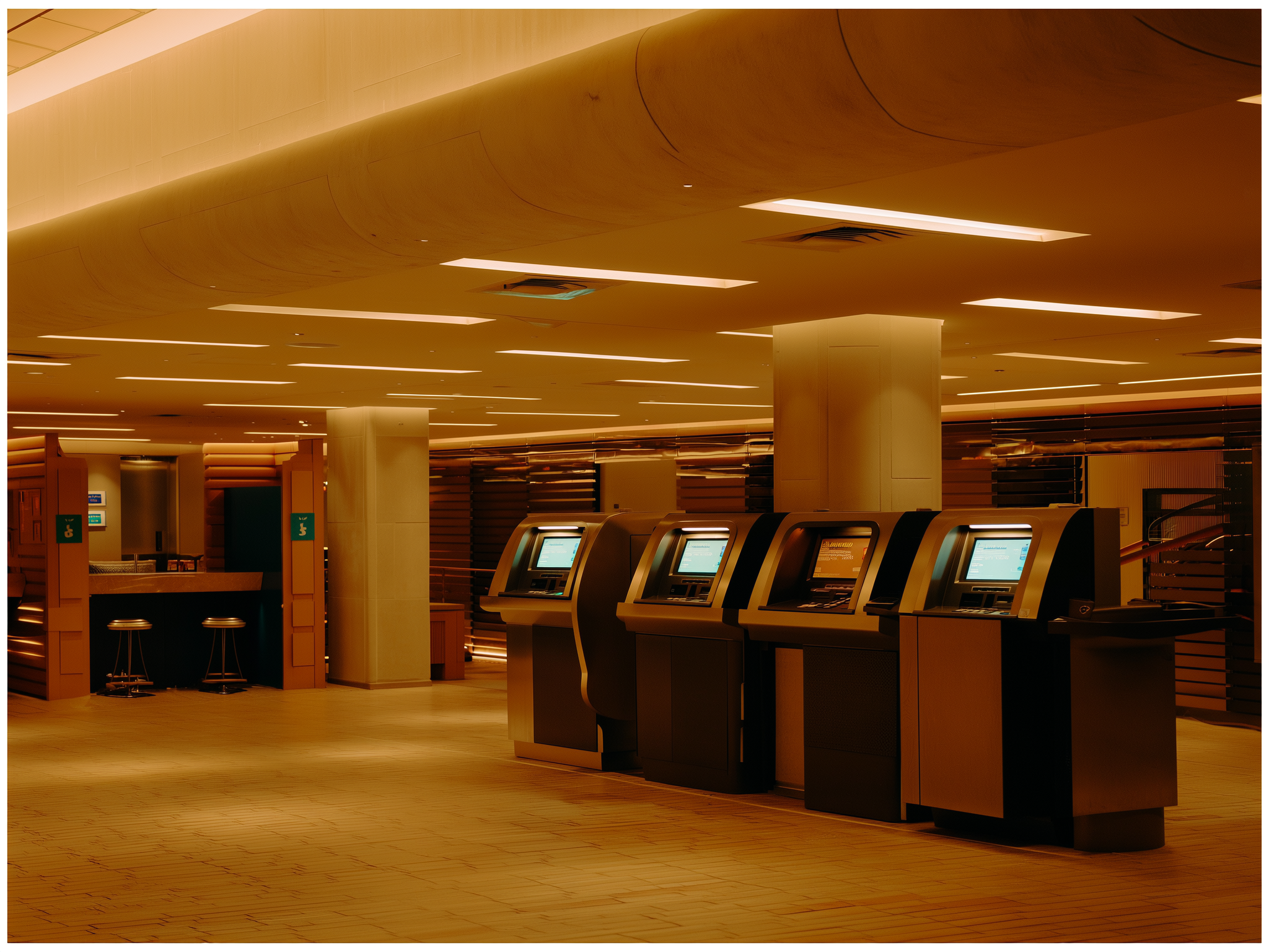 Interior moderno de banco con cajeros automáticos